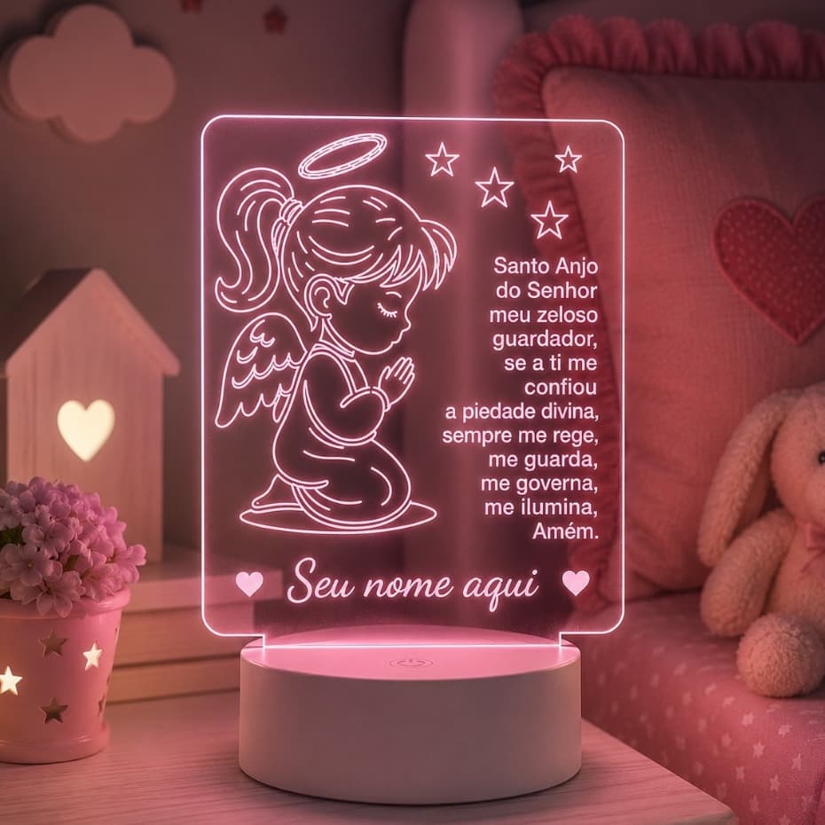 Luminária Anjo da Guarda Menina Decoração Led RGB Personalizada Oração Decorativo