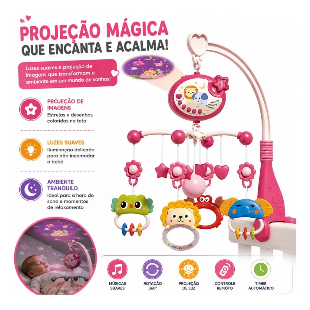 Brinquedo de Berço Bebê Mobile  Musical Projetor Estrelas Controle Remoto Rotação 360 Pimpi +3 meses