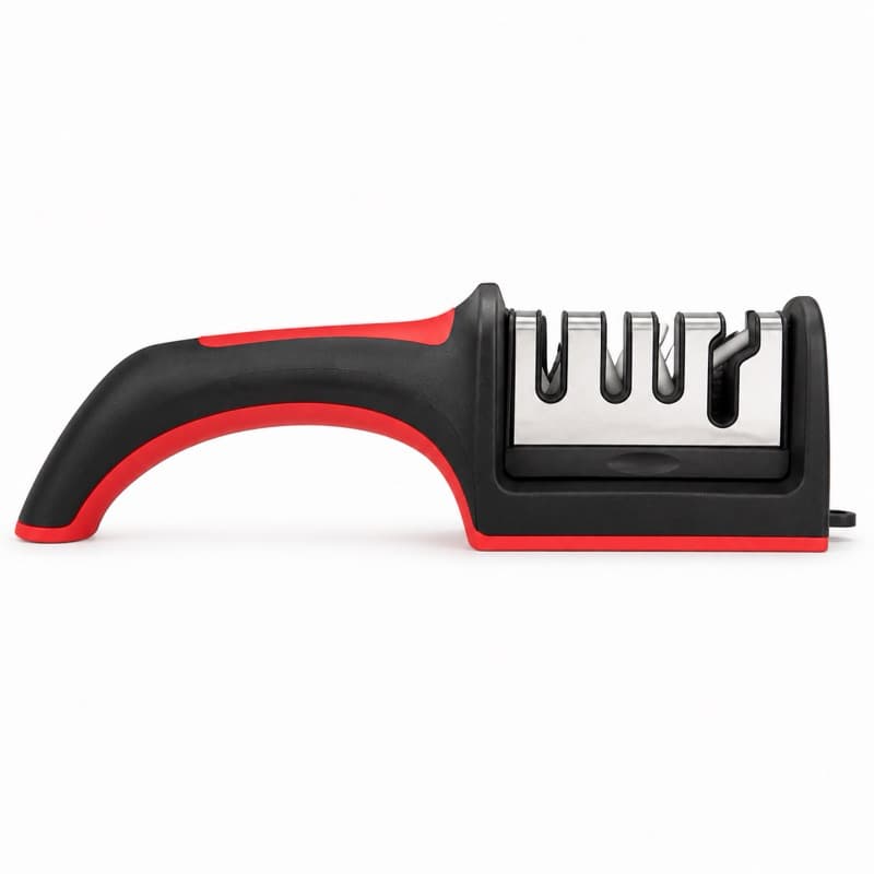 Afiador Amolador de Facas 4 Estágios 4 em 1 Manual Profissional para Cozinha Ergonômico Preto e Vermelho