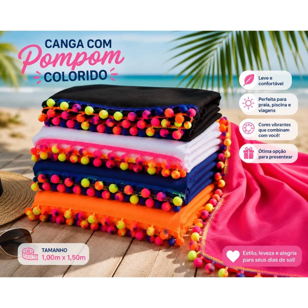 Canga de Praia com Pompom Colorido 1,00x1,50m | Saída de Praia Feminina | Praia e Piscina