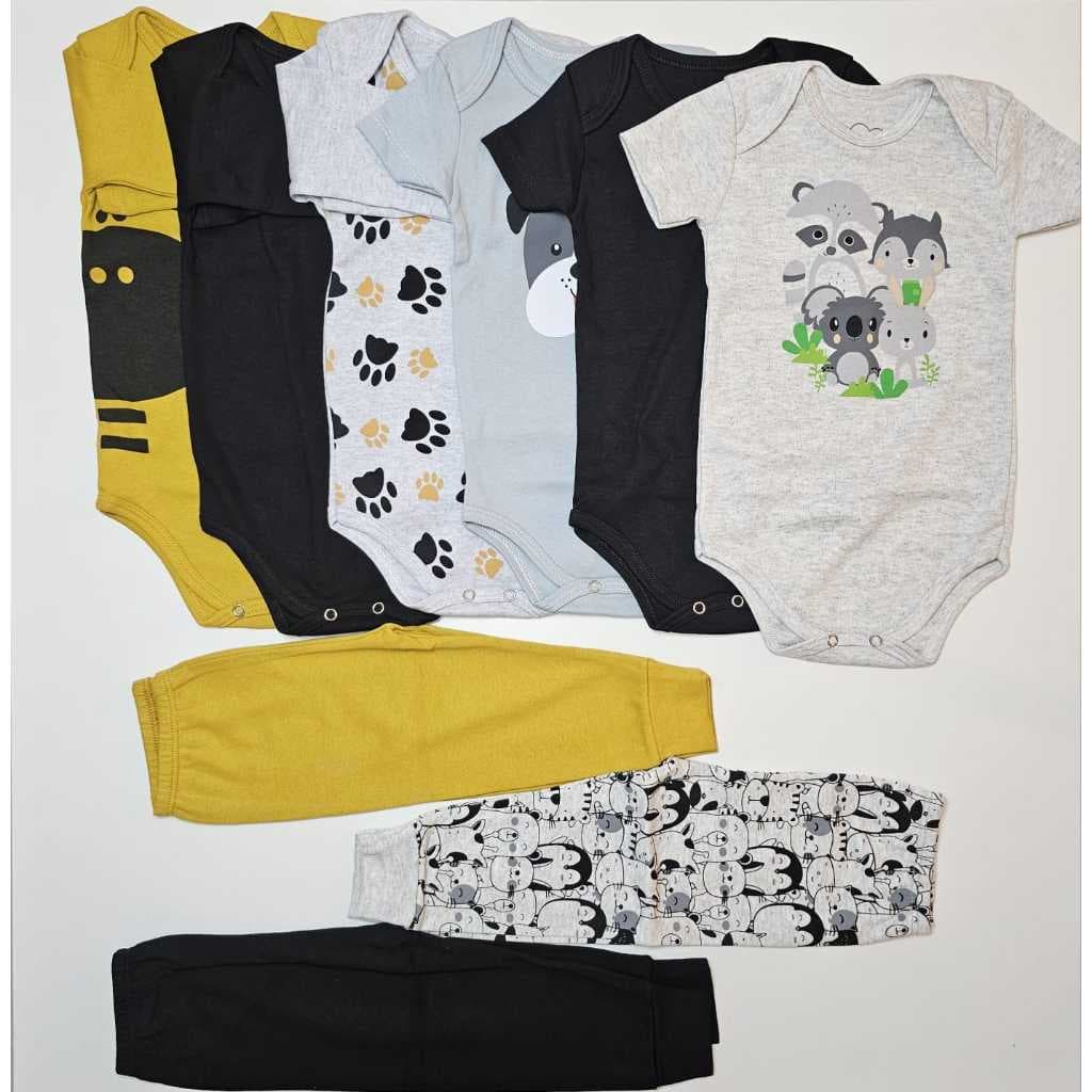 KIT 9 peças bebê menino - 6 bodys + 3 calças Malha Algodão Serafina