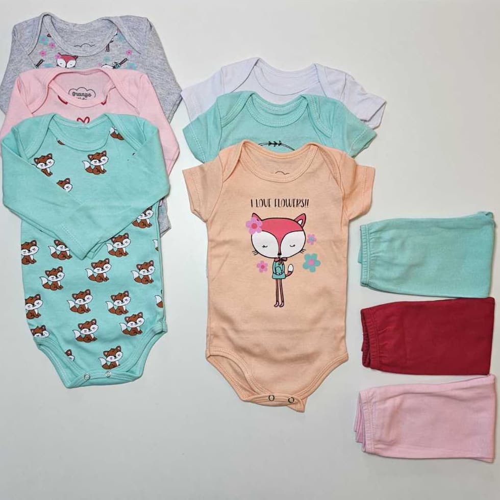 KIT 9 peças Bebê Menina - 6 bodys + 3 calças Malha Algodão Serafina