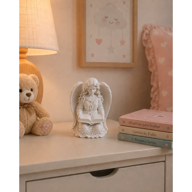 Anjo da Guarda Decorativo com Livro | Imagem Religiosa em Impressão 3D para Oratório e Decoração