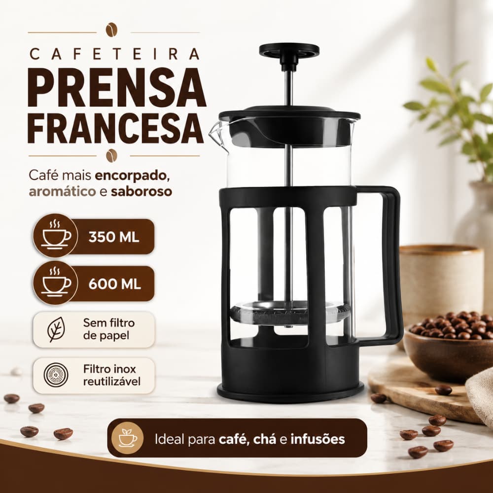 Cafeteira Prensa Francesa 350 - 600ml Café Expresso Chá Leite Cremoso Premium Manual Vidro Resistente