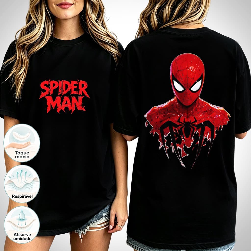 Camiseta Estampa Spider Man Arte Torso Homem-Aranha 100% Algodão Tamanhos Grandes Moda Streetwear Unissex
