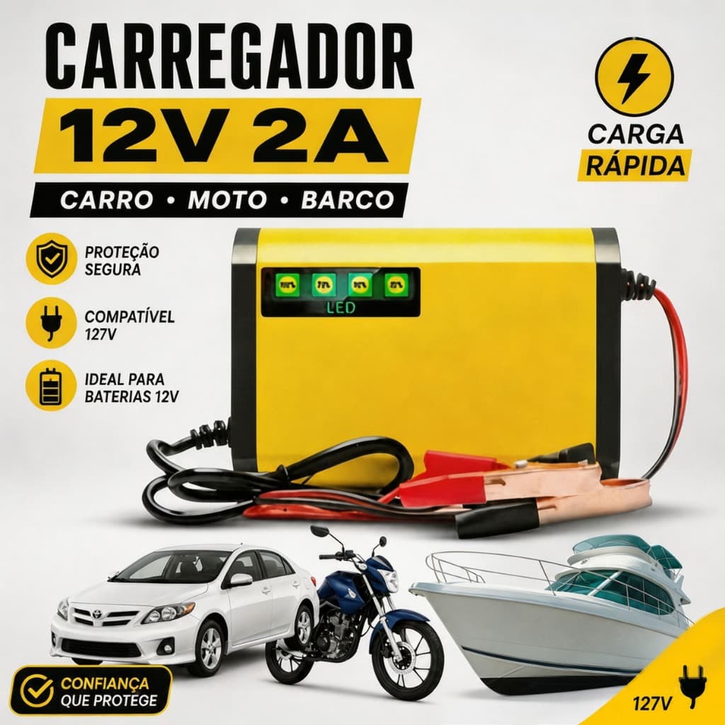 Carregador Automático de Bateria 12V 2A para Carro Moto Compatível Tomada 127V Proteção Segurança Recarga Rápida