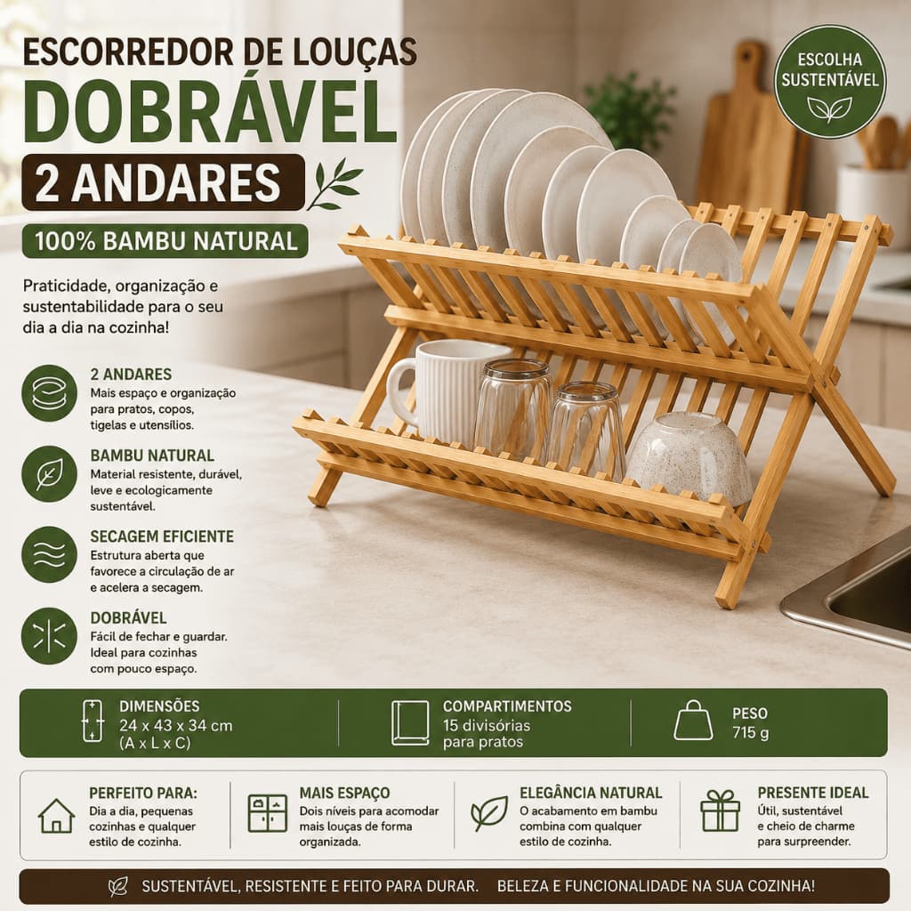 Escorredor de Louças Dobrável Bambu 2 Andares | Organizador de Pia Cozinha