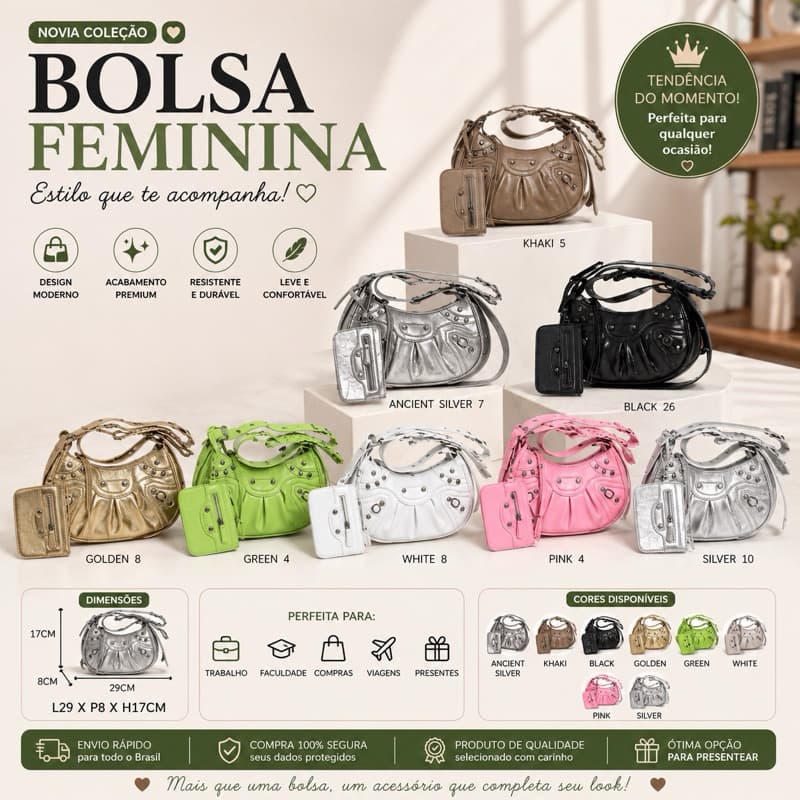 Bolsa Feminina Hobo Ombro Tiracolo Casual Elegante Couro PU Premium com Porta-Cartão e Alça Ajustável 06065