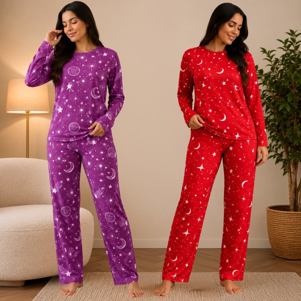 Kit 2 Pijamas Feminino Suede Estampado Manga Longa Dormir Confortável Inverno Moda Casual