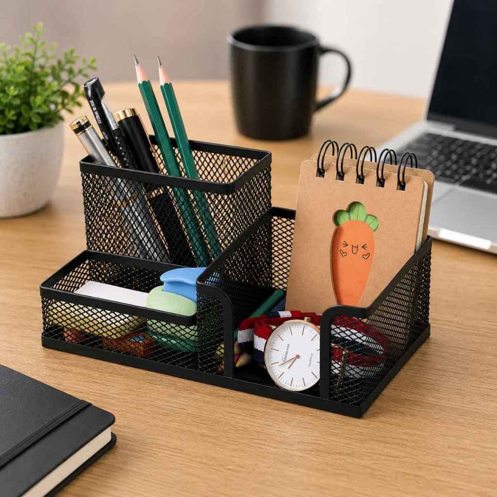 Organizador de Mesa Metal Aramado Para Escritório 3 Divisões Porta Lápis Caneta Clips
