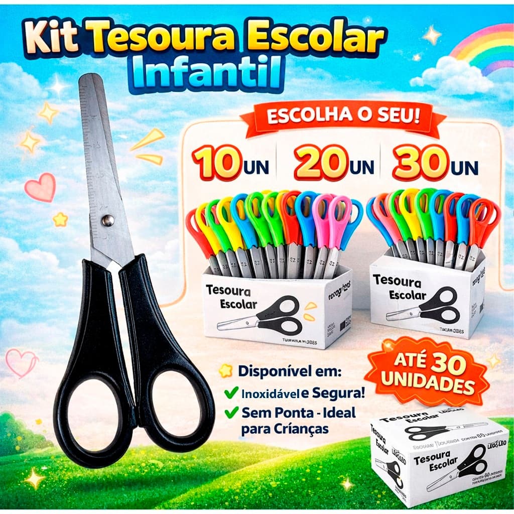Kit Tesoura Escolar Infantil Sem Ponta 13cm Preta Inox 10 20 30 Unidades Atacado