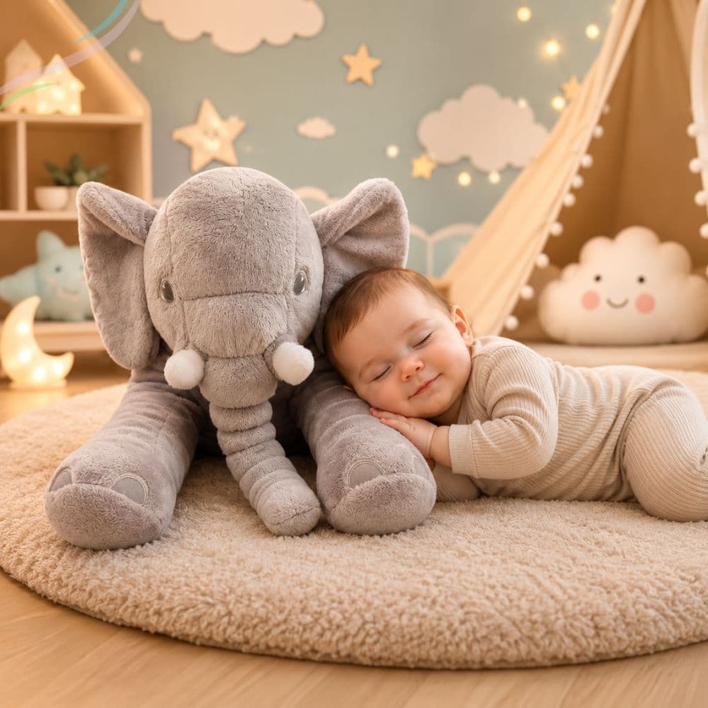 Almofada Travesseiro Elefante Bebê Pelúcia Cinza 80cm Safári Luxo Com Fibra Siliconada