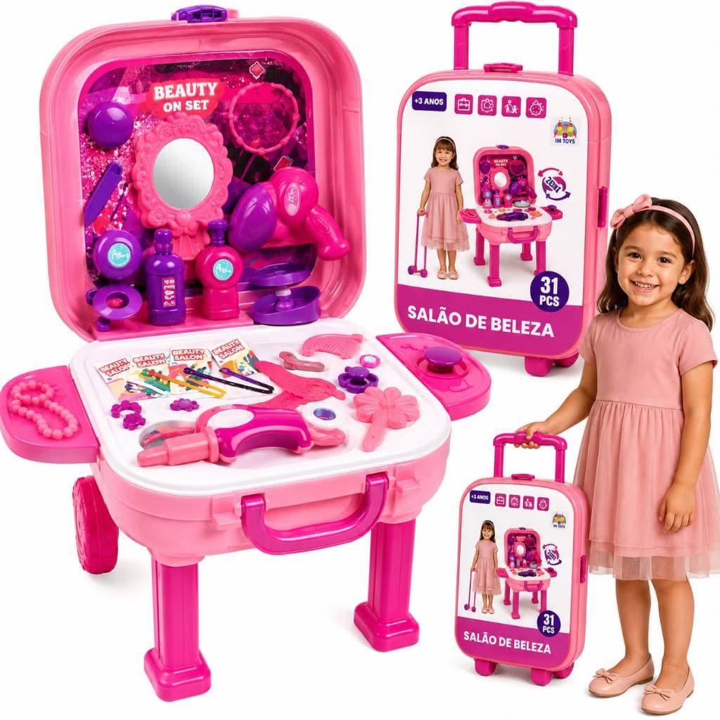 Kit Beleza Infantil Maleta que Vira Bancada com Secador Espelho Pente e Acessórios 31 Peças