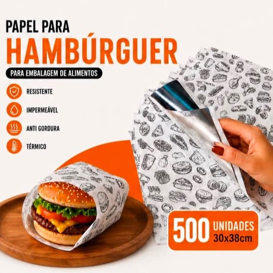 Kit 500un Papel Acoplado Térmico 30x38 Anti Gordura - Hambúrguer Delivery Metalizado para Lanche Fast Food