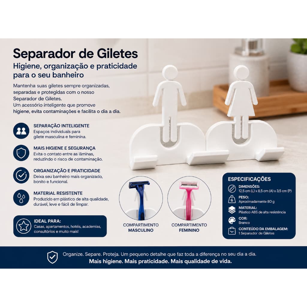 Suporte de Gilete com Adesivo Incluso | Organizador de Barbeador para Banheiro | Masculino e Feminino | Instalação Sem F