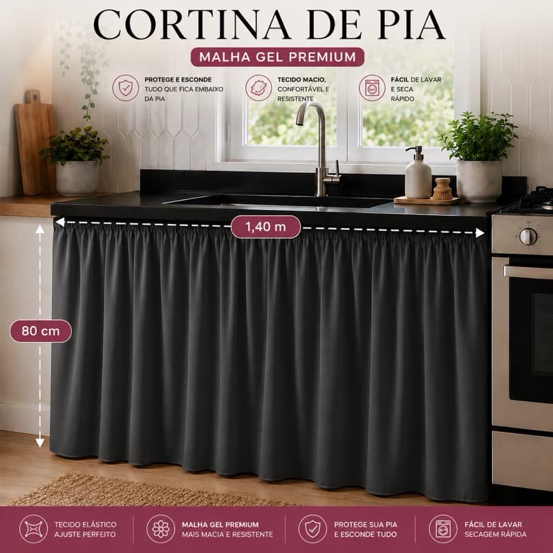 Cortina de Pia 1,40x80cm Malha Gel Premium Elástica Lavável Protege e Esconde Armário