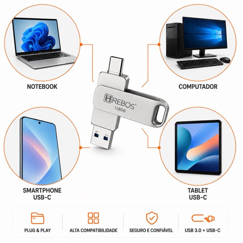 Pendrive 128GB USB-C USB 3.0 Para Celular Notebook Computador OTG Alta Velocidade