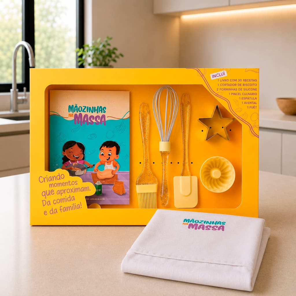 Livro de Receitas Infantil | Kit Alimentação Infantil | Lancheira Saudável | Avental + Utensílios | Mãozinhas na Massa