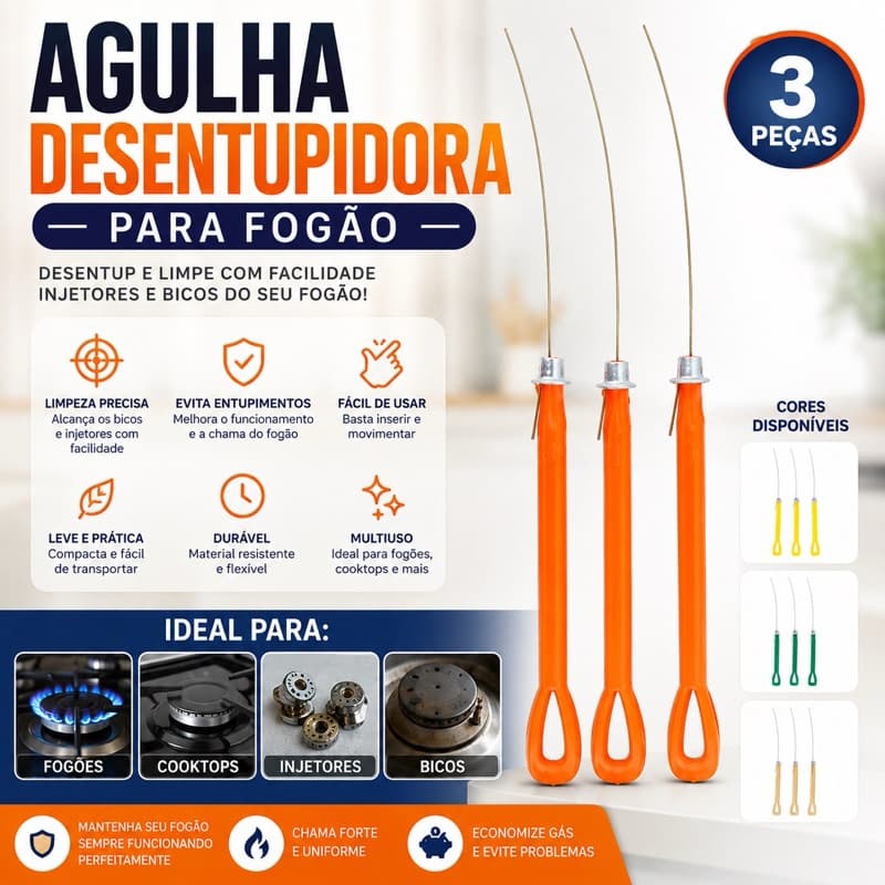 Agulha para Desentupir Fogão com 3 unidades | Limpador de Queimadores | Ferramenta para Manutenção