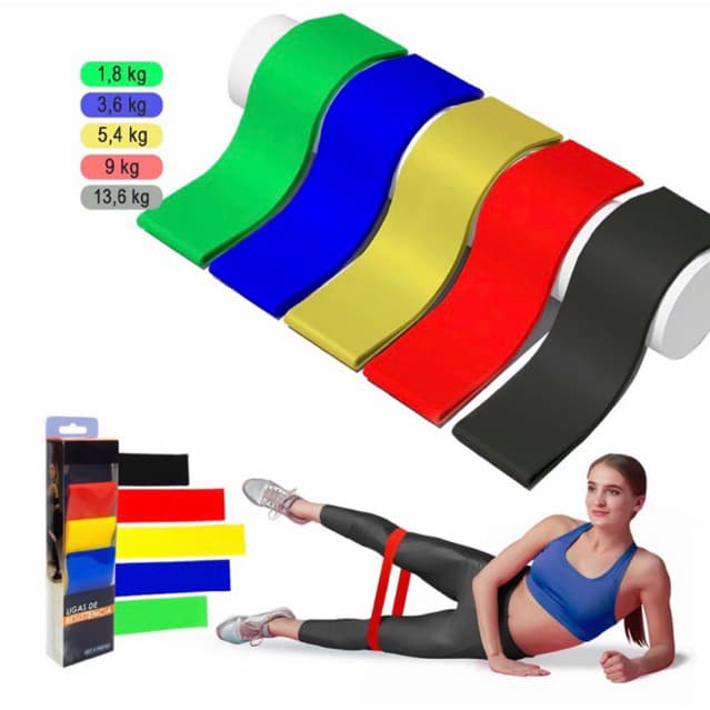 Kit Band 5 Elásticos de Resistência | Exercícios em Casa Academia Funcional Glúteos Pernas Fitness