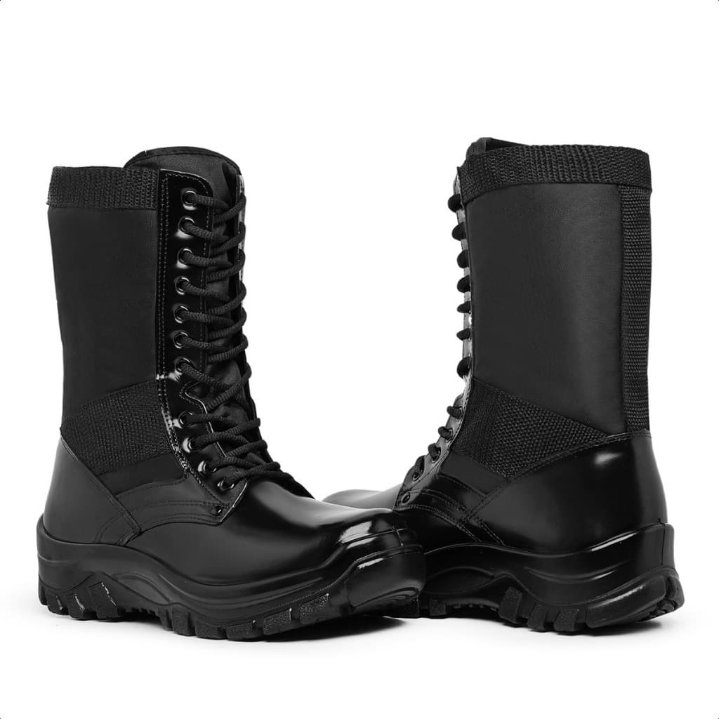 Bota Coturno Militar Leve Com Zíper Couro E Lona Palmilha Gel.