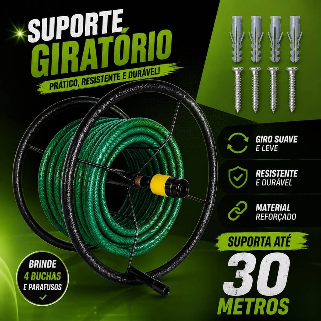 Enrolador Suporte Mangueira Jardim Até 30 Metros Em Aço