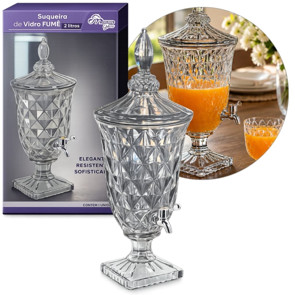 Suqueira Jarra de Vidro Fumê 2 Litros com Torneira Luxo Cristal Elegante Resistente para Suco Água