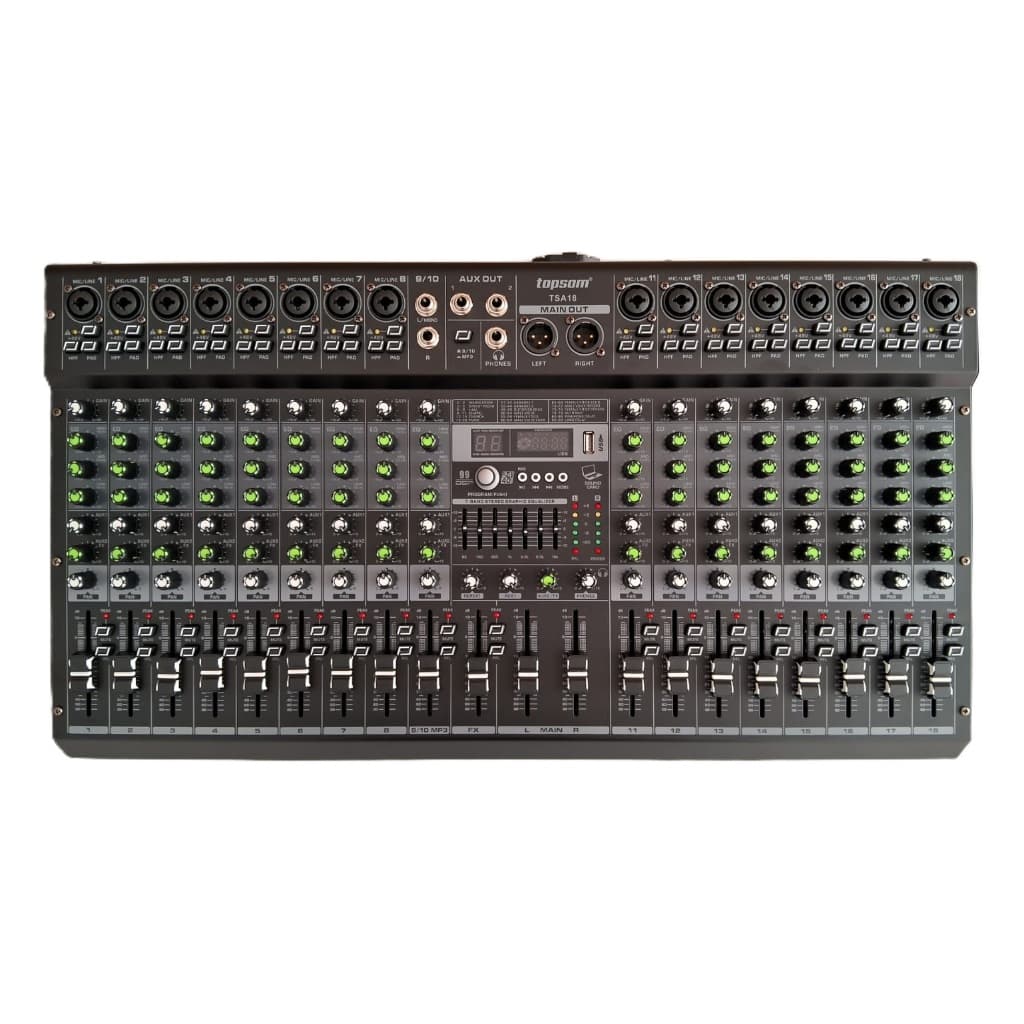 MESA DE SOM 18 CANAIS 2 AUXILIARES 99 EFEITOS BOTÃO MUTE TOPSOM TSA-18