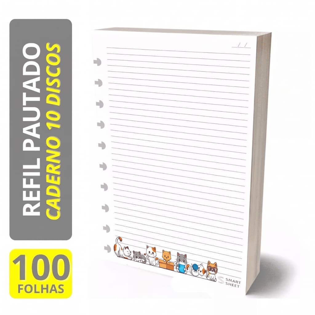 Refil Caderno de Discos B5 90g 10 Furos Gatinhos 100 Folhas