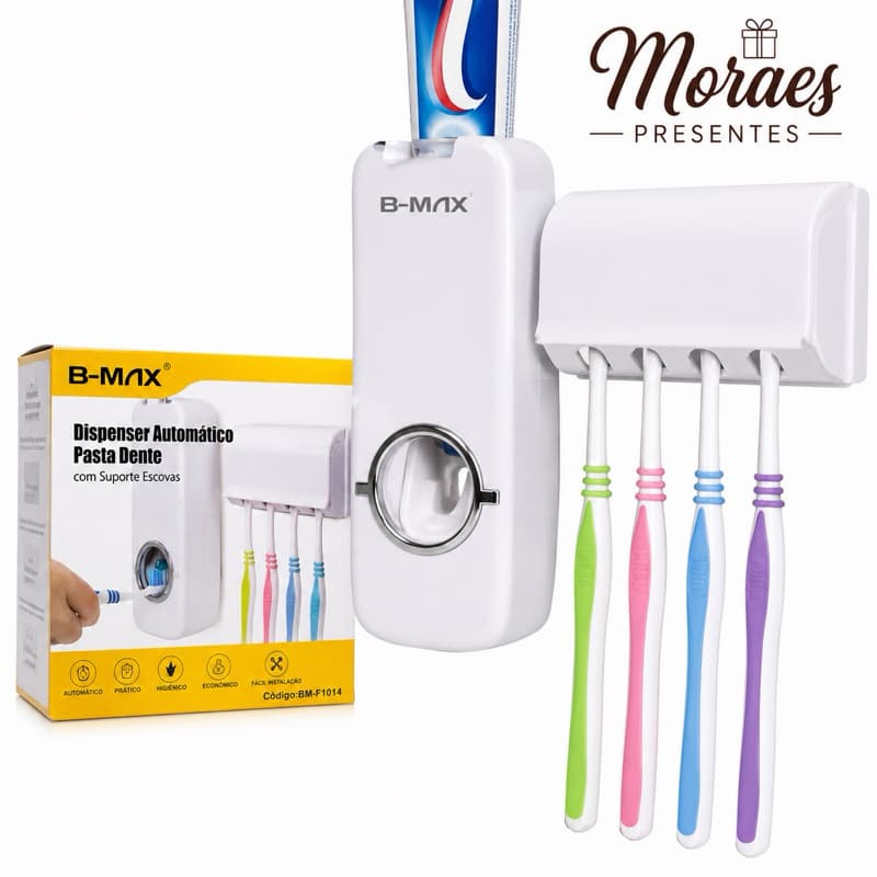 Dispenser automático de pasta com suporte para escovas. Mais higiene, organização e praticidade para seu banheiro.