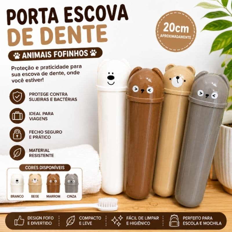 Porta Escova de Dente Infantil Urso Plástico com Tampa Estojo Protetor para Viagem Escolar Banheiro