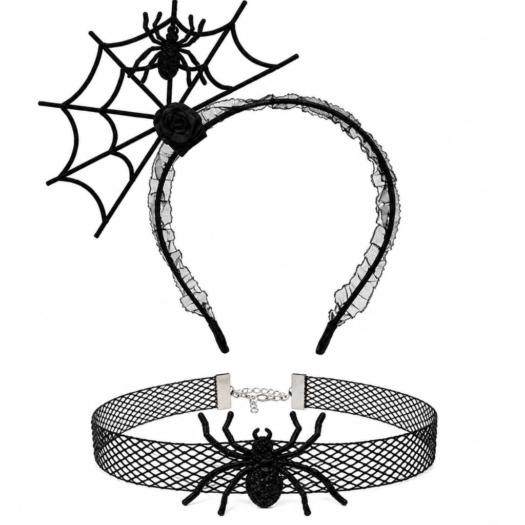 Kit Tiara Teia de Aranha + Gargantilha de Renda Halloween Infantil e Adulto