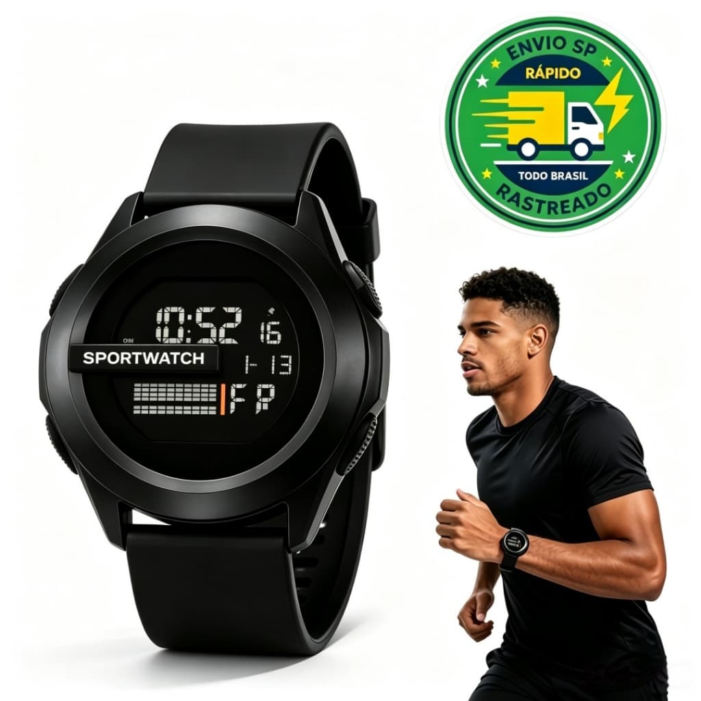 Relógio Masculino Digital Esportivo Oficial Multifuncional À Prova D'Água LED Preto Casual Fitness