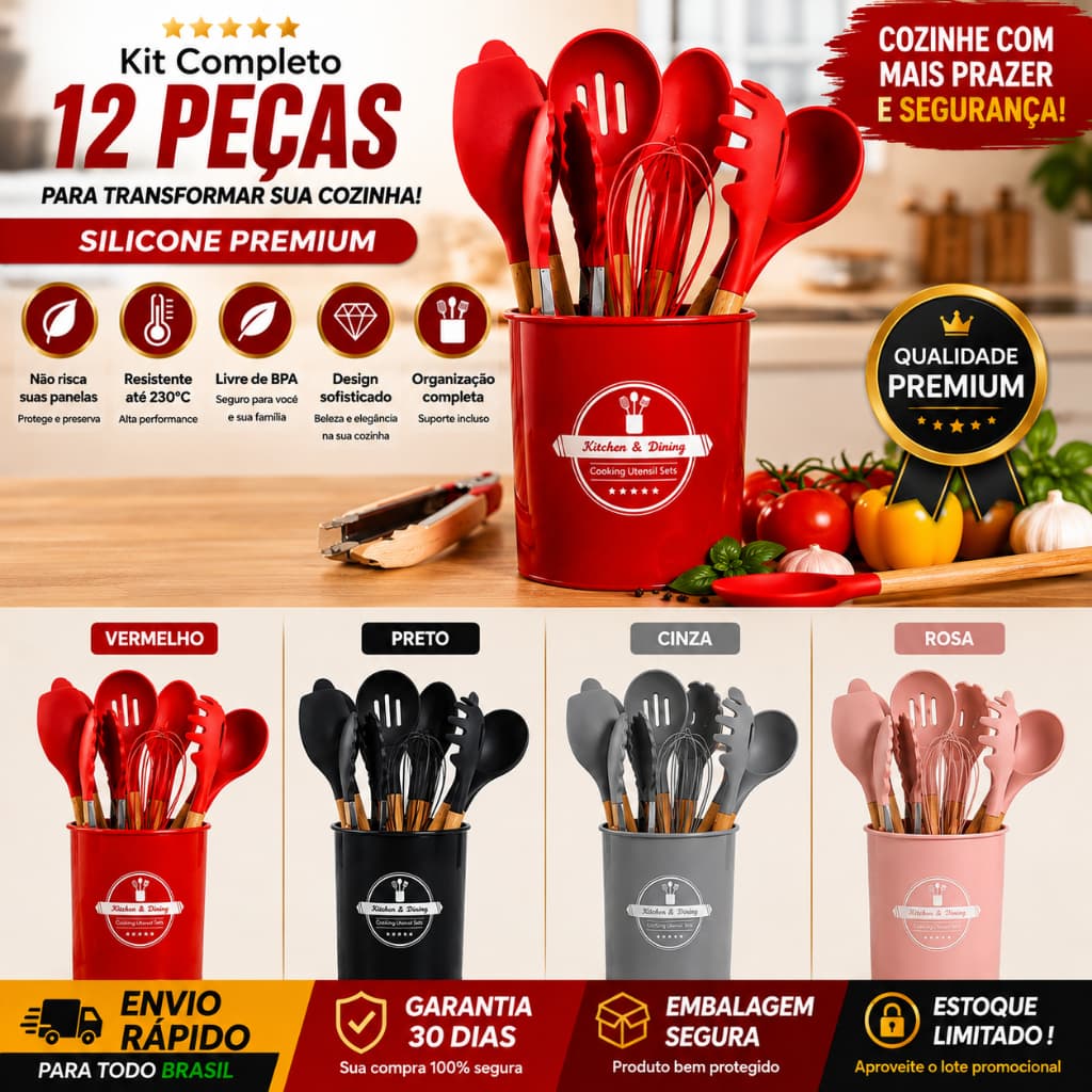 Kit Utensílios de Cozinha Silicone 12 Peças Cabo de Madeira Organizador