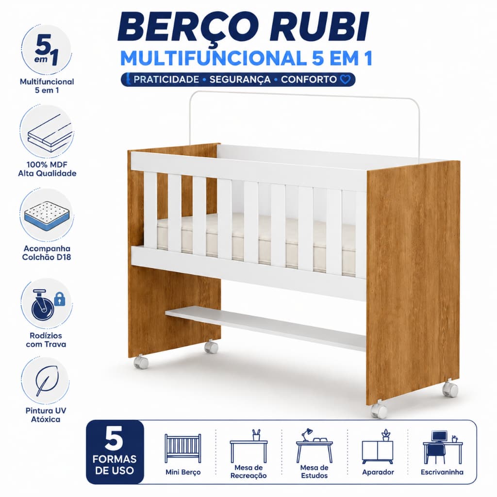 Berço Bebê Multifuncional 5 em 1 Confortse 100% MDF com Rodízios e Colchão D18