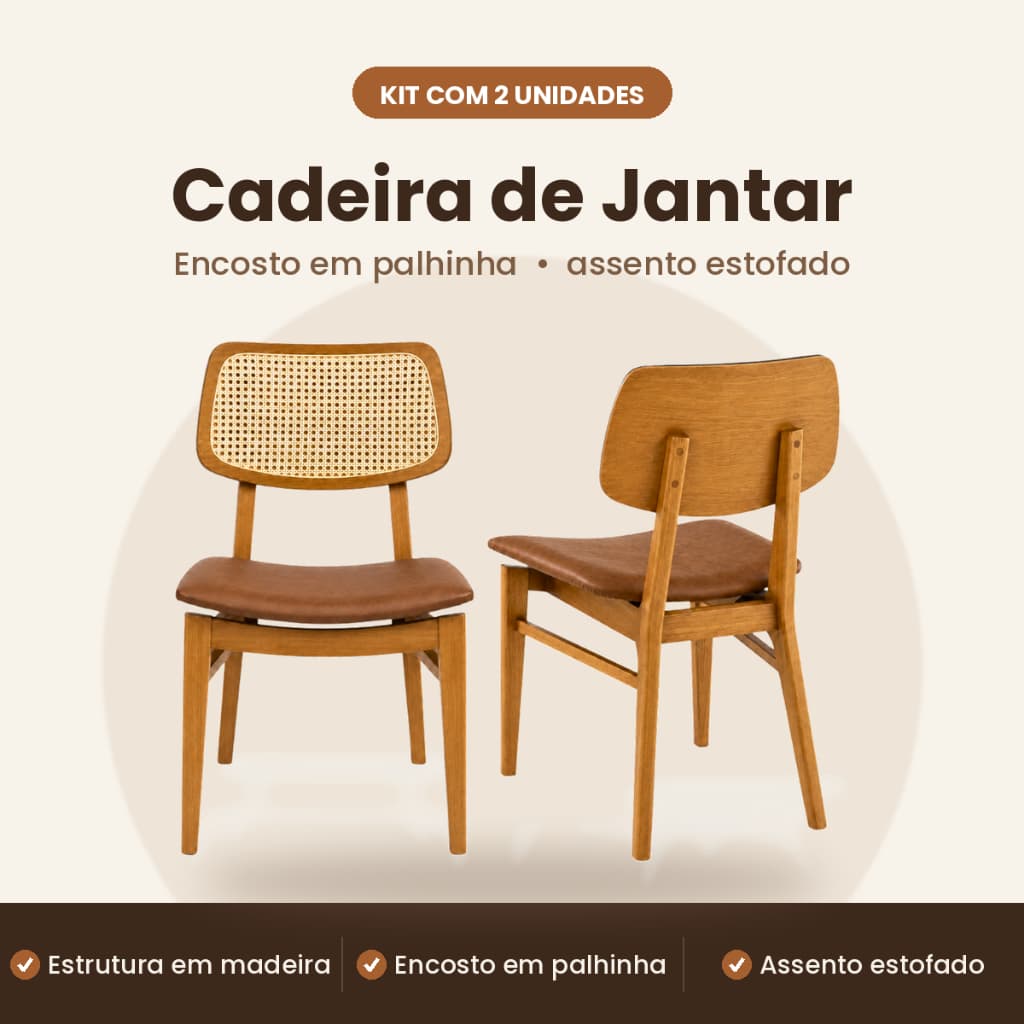 Kit com 2 cadeiras 100% em madeira maciça de eucalipto reforçada para sala de jantar estofada rattan