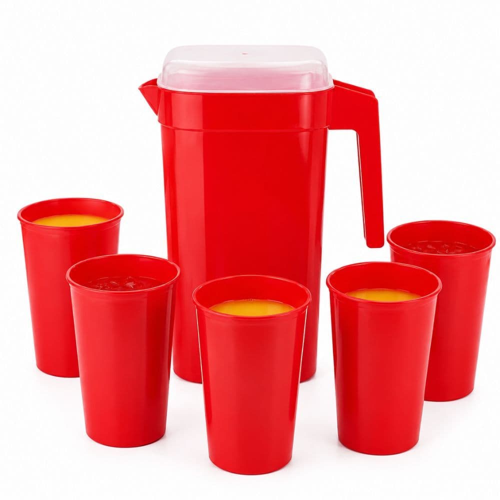 Jarra com 5 Copos Plástico Resistente Vermelha Tampa Encaixe para Suco Água Refrigerante