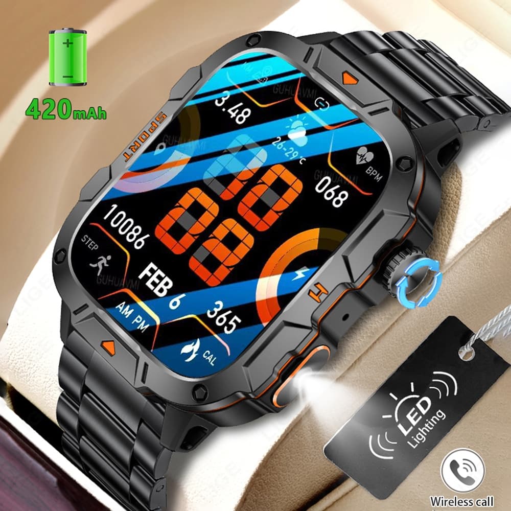 Relógio inteligente LED UV Lanterna 1,96 "Tela HD 100+ Esportes à prova d'água Bateria de 420mAh Relógios masculinos Mon