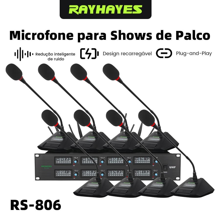 Microfone de Conferência Sem Fio UHF 8 Canais RAYHAYES RS-806 Microfone Gooseneck Para Sala de Reunião Escola Auditório