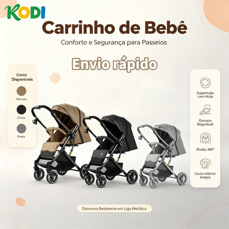 Carrinho de Bebê 3 em 1 Completo com Cesto Moisés, Assento Reversível e Amortecedores - P30