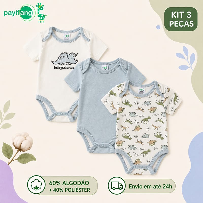 Payifang Kit 3 Bodies Bebê Menino Manga Curta Dinossauro Tons Claros 60% Algodão 3M 6M 9M