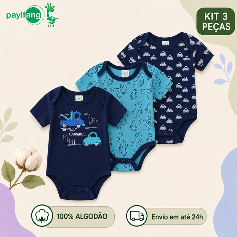 Payifang Kit 3 Bodies Bebê Menino 100% Algodão Manga Curta Estampa Carros 3M 6M 9M