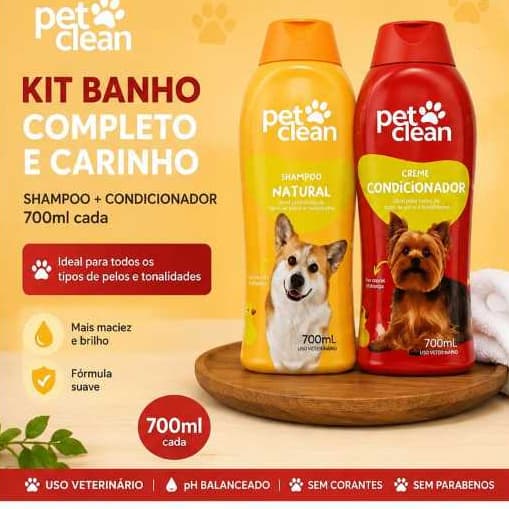 Kit Shampoo + Condicionador Pet Clean 700ml Cada | Banho Completo para Cães | Todos os Tipos de Pelos