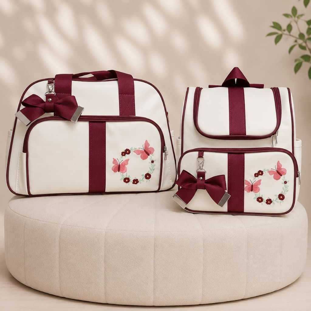 Kit Bolsa de Bebê e Mochila Maternidade Luxo Borboleta Bege/Vinho