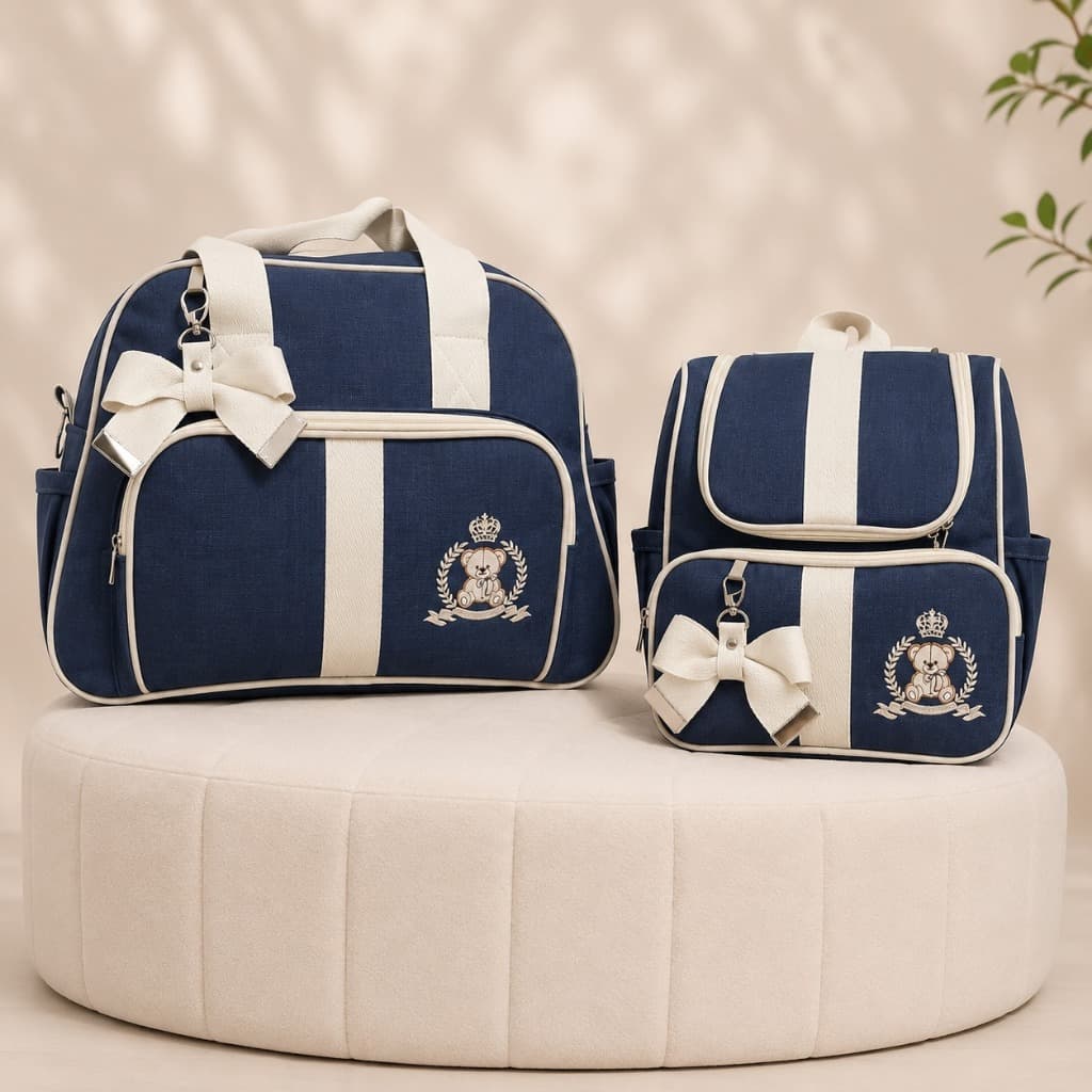 Kit Bolsa de Bebê e Mochila Maternidade Luxo Urso Rei Azul Marinho