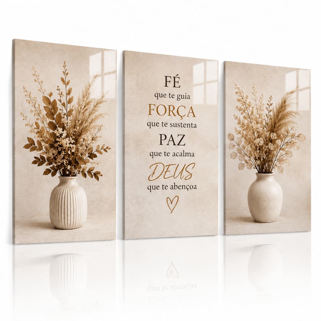 Kit 3 Quadros Decorativos Fé Força Paz Deus Floral Bege Sala Quarto Decoração Religiosa MDF Premium