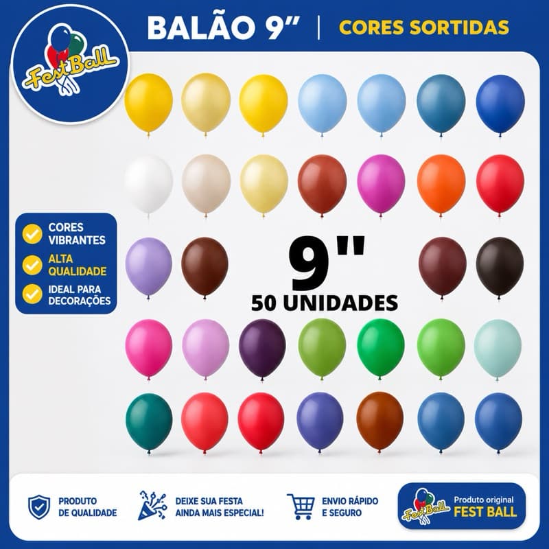 BALÃO LATEX FESTBALL N° 9” C/ 50 UNIDADES - Bexiga - Festa - Aniversário - Cores - ENVIO IMEDIATO!