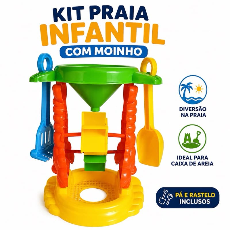 Kit Praia Infantil com Moinho Pá e Rastelo Brinquedo de Areia R-14