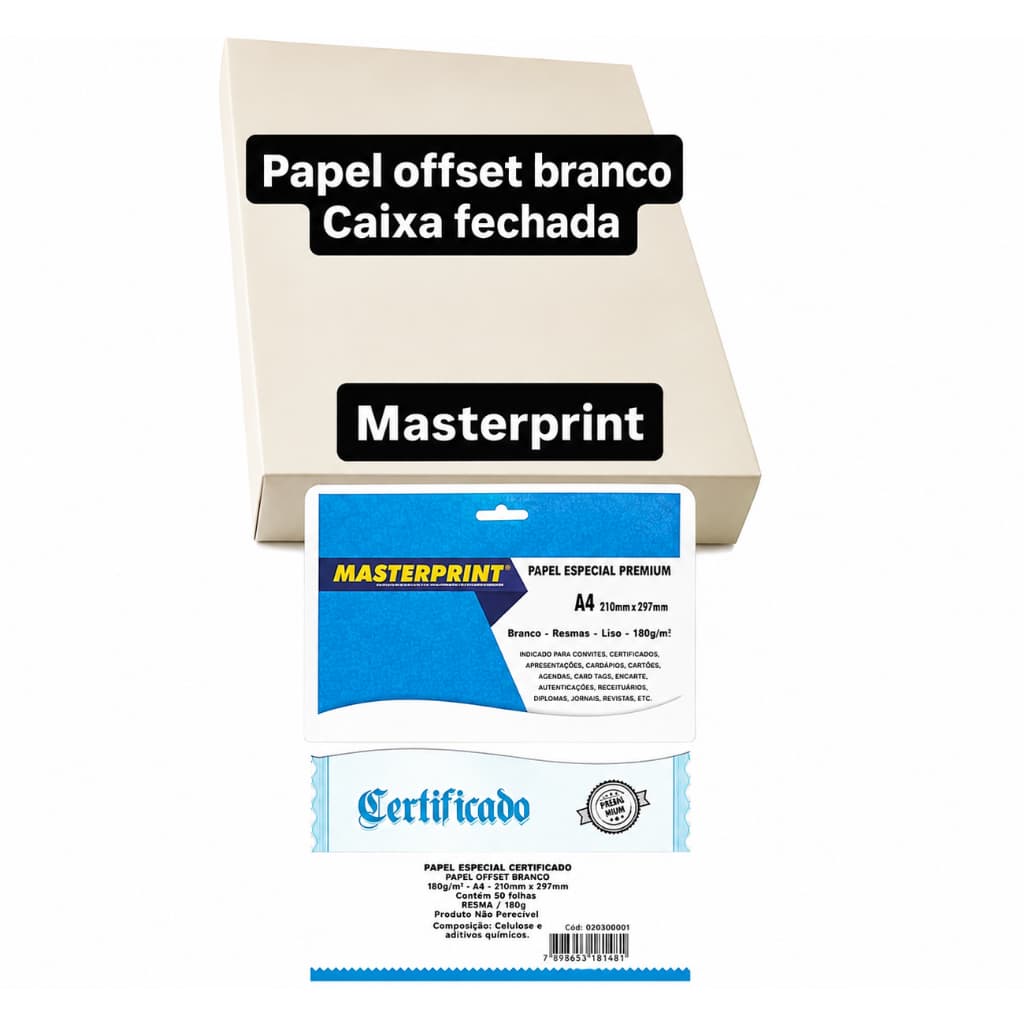 Papel Offset 2000 Folhas 180g Opaline Liso A4 Branco Diplomata Masterprint
