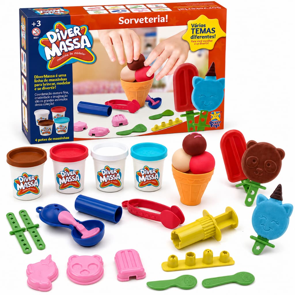 Kit Massinha Diver Massa Sorveteria Diver Toys 4 Potes 200g Com Moldes Cores Acessórios Infantil Massinha de Modelar